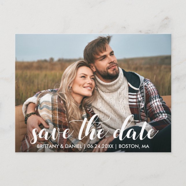 Save The Date Engagement Photo Modern Script Postcard (Front)
