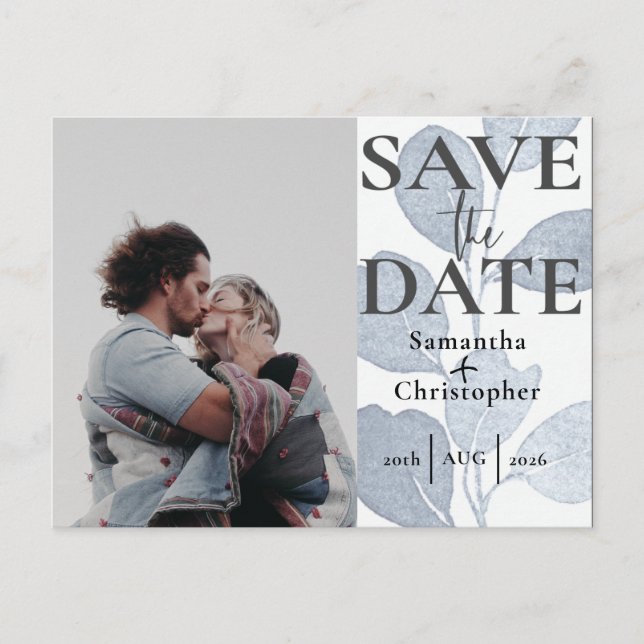 Save the Date Eucalyptus Dusty Blue Photo Wedding Announcement Postcard (Front)