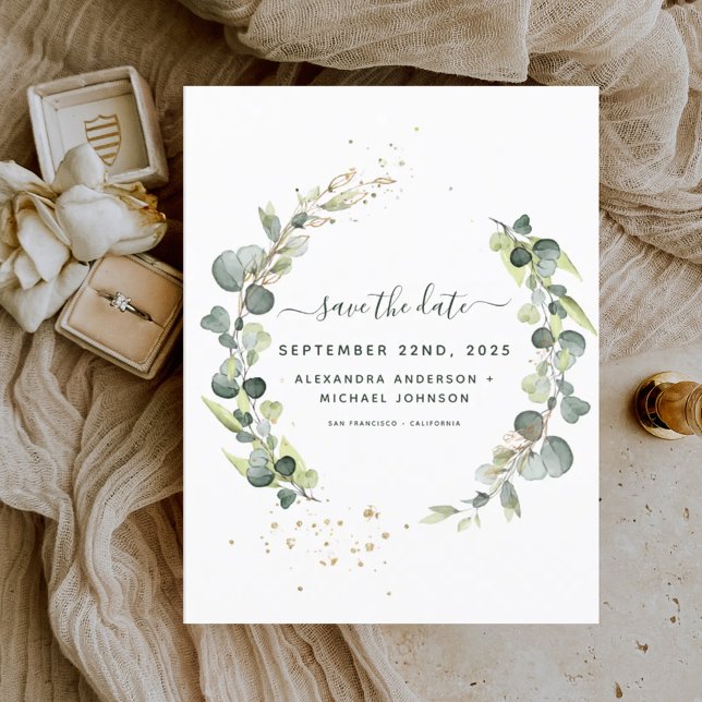 Save the Date Eucalyptus Greenery Succulent Announcement Postcard (Creator Uploaded)
