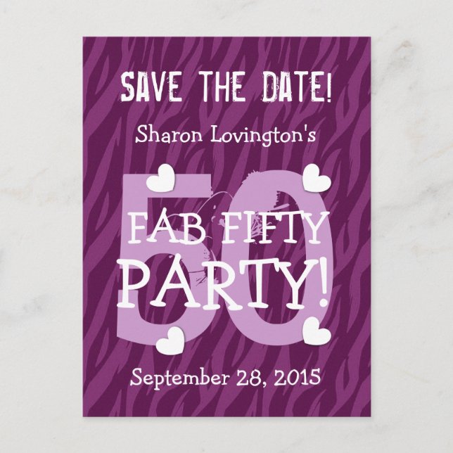 Save the Date FAB 50 Birthday V50A PURPLE ZEBRA Announcement Postcard (Front)