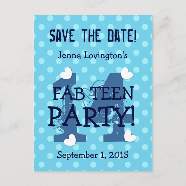 Save the Date FAB TEEN Birthday V14A BLUE AQUA Announcement Postcard (Front)