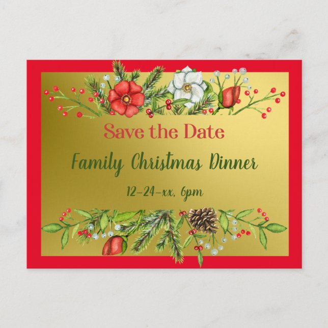 Save the Date Family Christmas Dinner Invite Gold Postcard (Front)