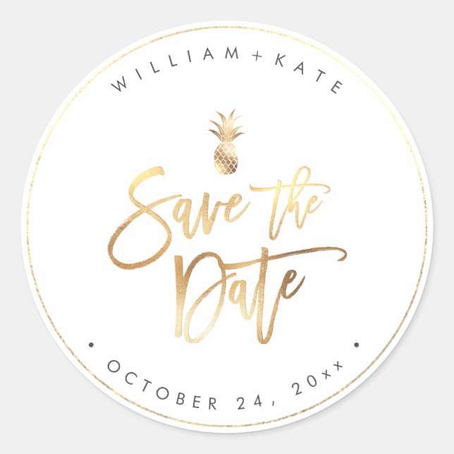 Save the Date, Faux Gold Pineapple Classic Round Sticker (Front)