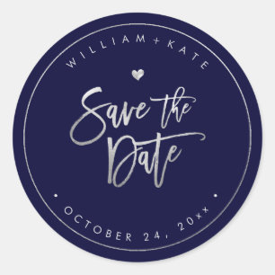 Save the Date, Faux Silver Script, DIY Background Classic Round Sticker