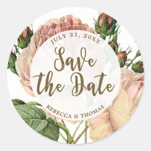 save the date favour sticker vintage pink roses