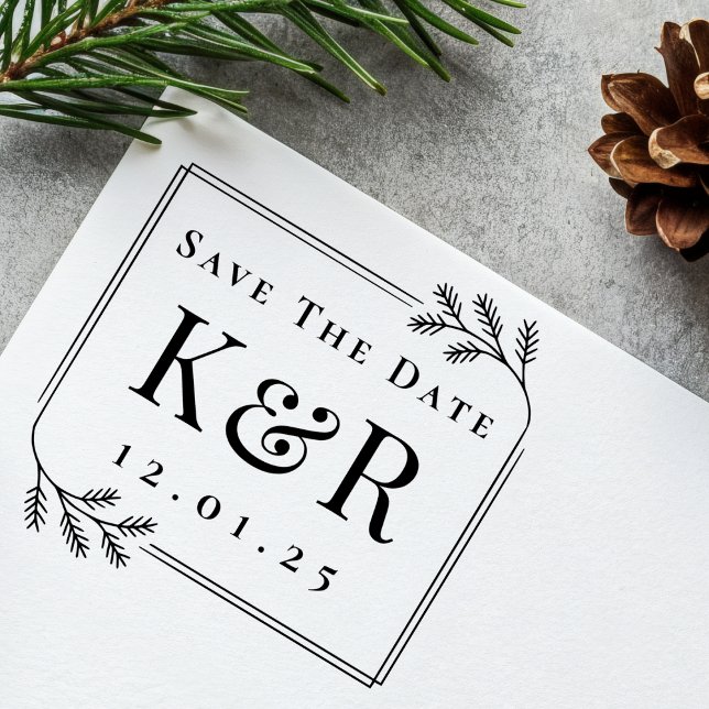 Save the Date Fir Frame Monogram Winter Wedding Self-inking Stamp (Creator Uploaded)