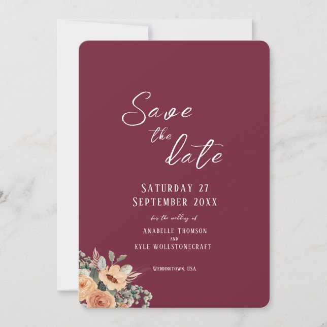 Save the Date flat card - Elegant floral burgundy (Front)
