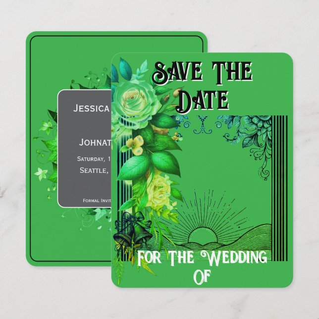 Save The Date Floral Card Green Sunrise (Front/Back)