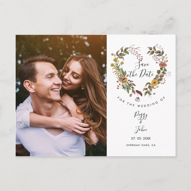 Save the Date Floral Heart Garland  Photo Postcard (Front)