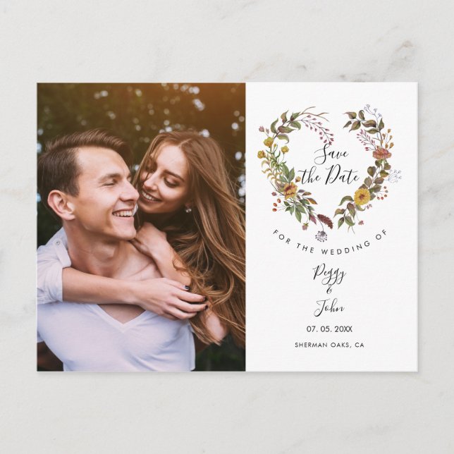 Save the Date Floral Heart Garland  Photo Postcard (Front)