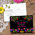 Save the Date  Floral Mexican Fiesta Black Announcement Postcard<br><div class="desc">Save the Date Postcard which you can customise to suit any occasion. The floral design has an abundance of pretty Mexican Fiesta flowers on the front with sweet typography in pink and a black background. The template is set up for you to personalise the postcard with your special date, your...</div>