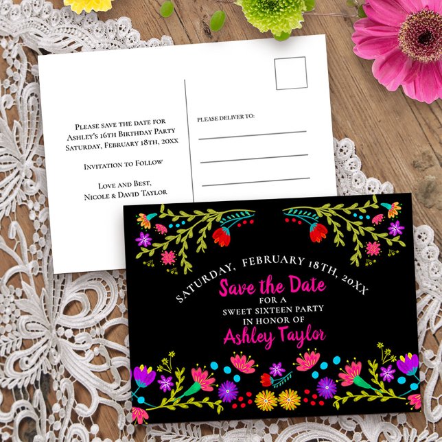 Save the Date Floral Mexican Fiesta Black Sweet 16 Announcement Postcard (Save the Date Postcard from my Mexican Fiesta Floral collection
)