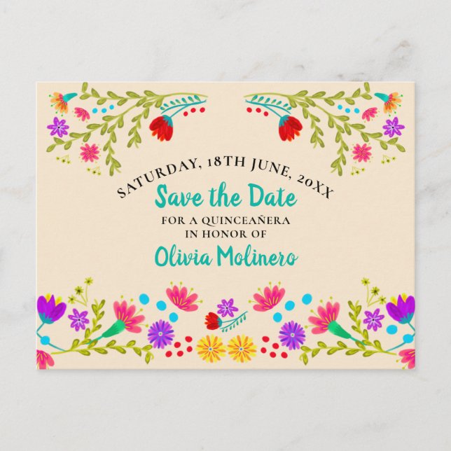 Save the Date  Floral Mexican Fiesta Champagne Announcement Postcard (Front)