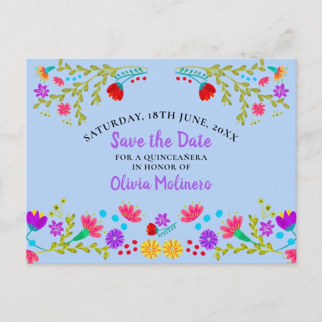 Save the Date  Floral Mexican Fiesta Light Blue Announcement Postcard (Front)