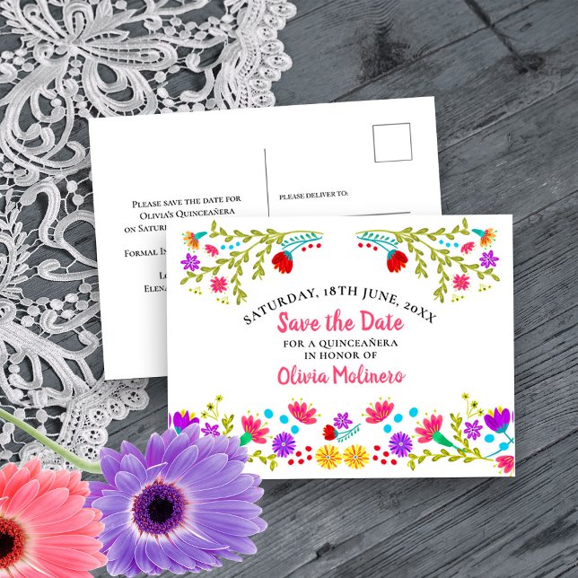Save the Date  Floral Mexican Fiesta White Announcement Postcard (Save the Date Postcard from my Mexican Fiesta Flowers Quinceanera Collection)