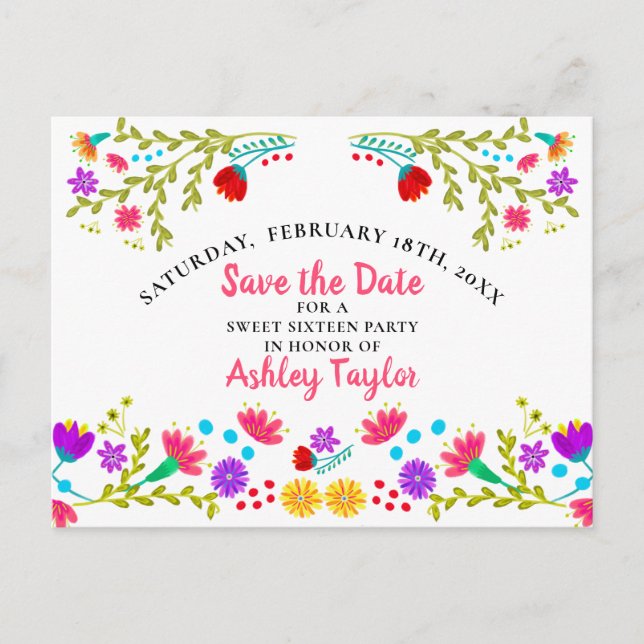 Save the Date Floral Mexican Fiesta White Sweet 16 Announcement Postcard (Front)