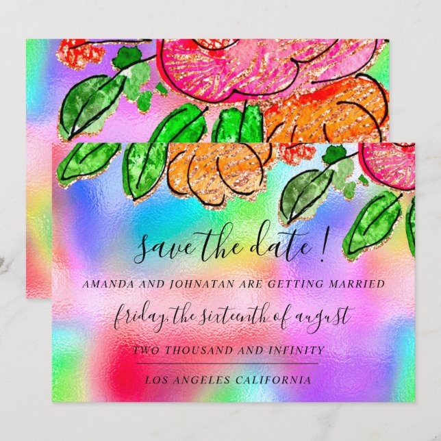 Save The Date Floral Rose Glitter Holograph Blue (Front/Back)