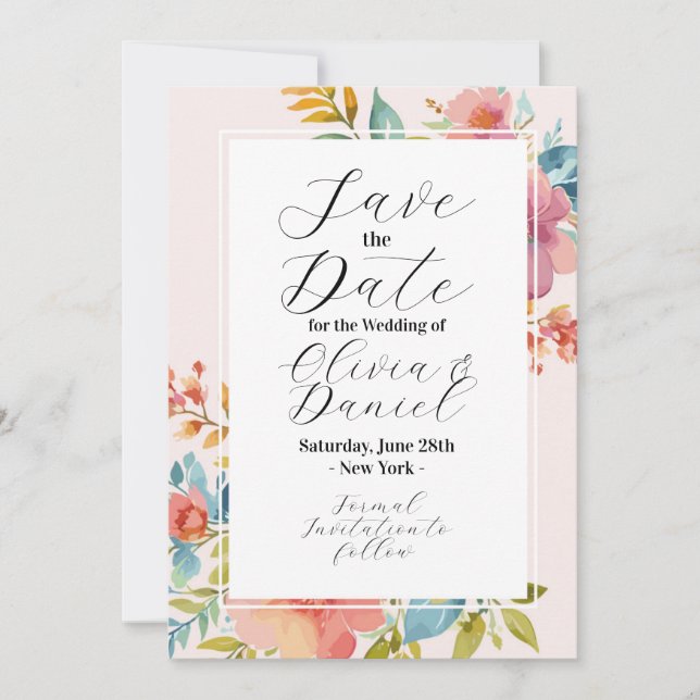 Save The Date Floral Summer Flowers Pink Blue (Front)