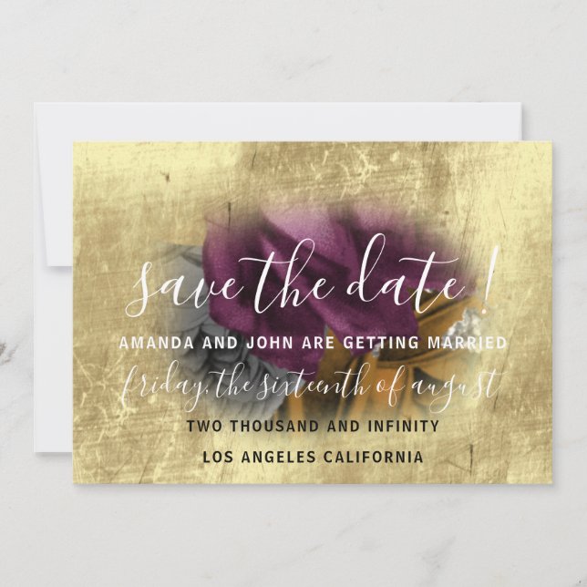 Save The Date Floral Wreath Purple Gold  (Front)