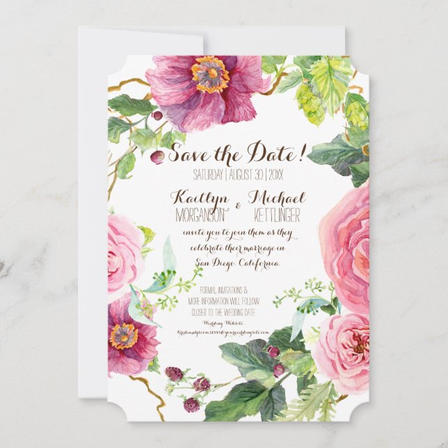 Save the Date Floral Wreath Watercolor Roses Peony (Front)