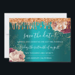 Save The Date Florals Rose Copper Drips Teal<br><div class="desc">Elegant simply save the date decorated with rose gold texture and a delicate script that completes the look of this design,  
You can change the colour of the background on the back
Any other customisation please sent me a message! Have a shiny always happy time! :) 
FlorenceK design</div>