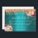 Save The Date Florals Rose Copper Drips Teal<br><div class="desc">Elegant simply save the date decorated with rose gold texture and a delicate script that completes the look of this design,  
You can change the colour of the background on the back
Any other customisation please sent me a message! Have a shiny always happy time! :) 
FlorenceK design</div>