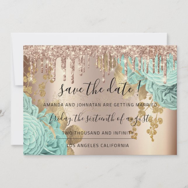 Save The Date  Florals Rose Gold Drips Blue (Front)