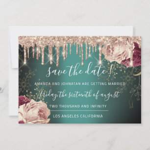 Save The Date Florals Rose Gold Drips Teal