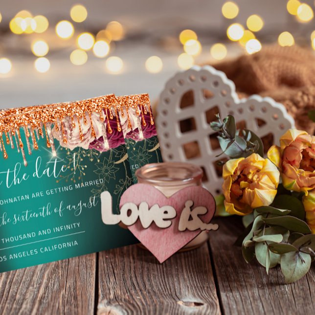 Save The Date Florals Rose Gold Drips Teal Copper (Creator Uploaded)