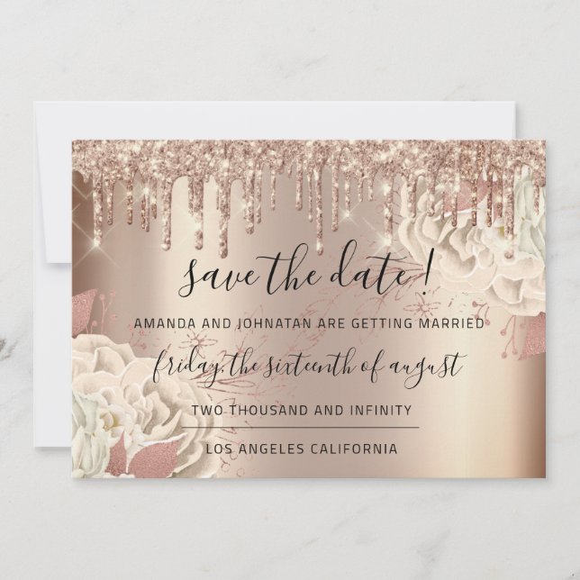 Save The Date  Florals Rose Gold Drips White (Front)