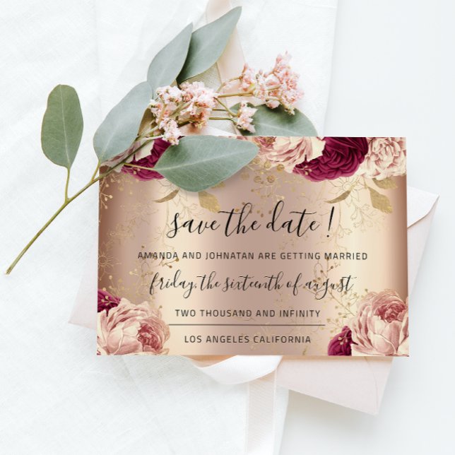 Save The Date  Florals Rose Gold Roses Marsala (Save The Date Florals Rose Gold Roses Marsala)