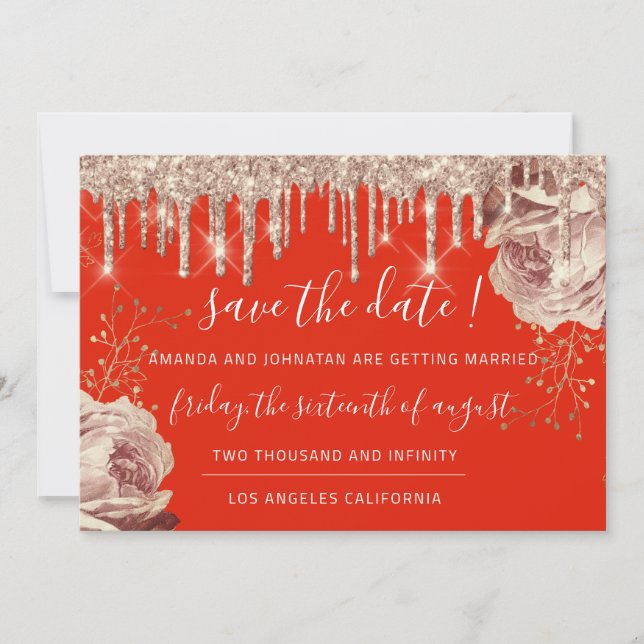 Save The Date Florals Roses Drips Grey Ivory Coral (Front)