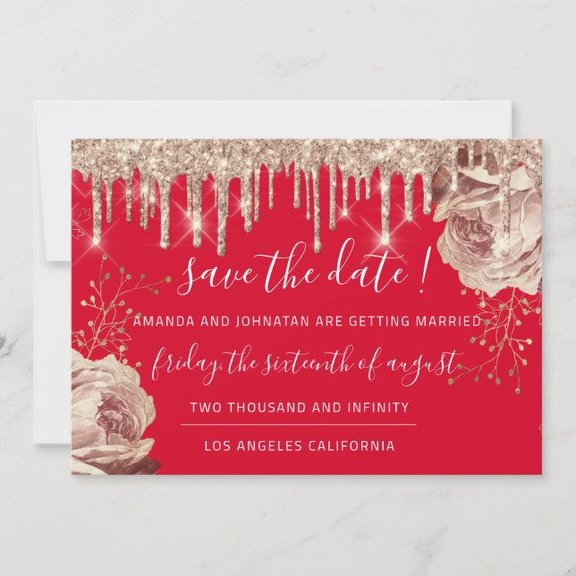 Save The Date  Florals Roses Drips Red Ivory Gold (Front)