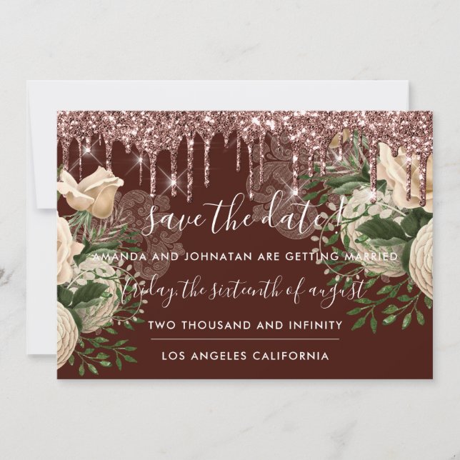 Save The Date  Florals Roses Drips Rose Brown (Front)
