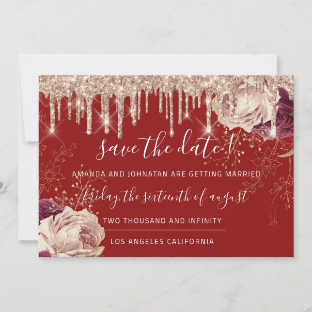 Save The Date  Florals Roses Gold Drips Burgundy (Front)