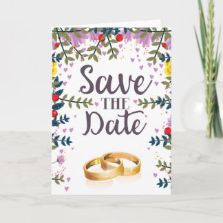 Save the Date Flowers and Wedding rings Holiday Card