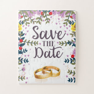 Save the Date Flowers and Wedding rings Jigsaw Puzzle