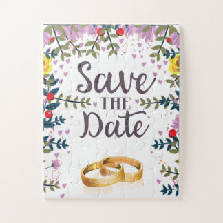 Save the Date Flowers and Wedding rings Jigsaw Puzzle