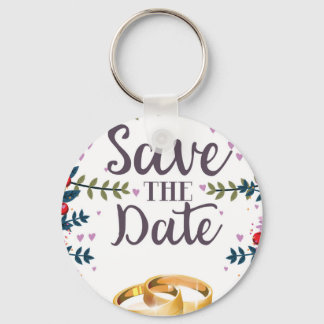 Save the Date Flowers and Wedding rings Key Ring