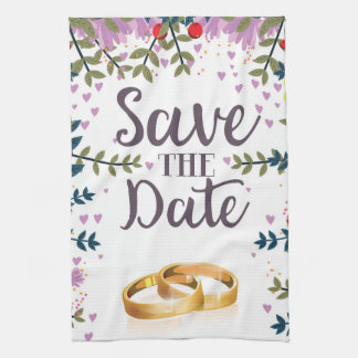 Save the Date Flowers and Wedding rings Tea Towel