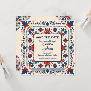 Save the Date, folk art floral, red white and blue Invitation