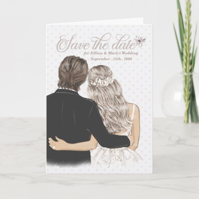 Save the Date for a Wedding Taupe Bride and Groom Card (Front)
