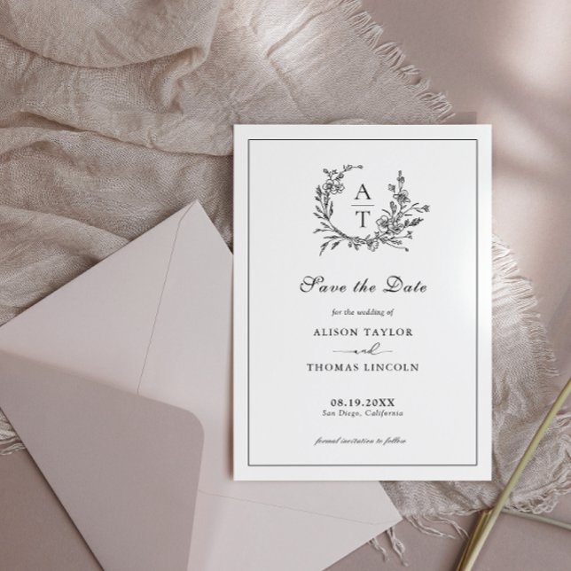 Save The Date Formal Crest Black and White Card (Creator Uploaded)