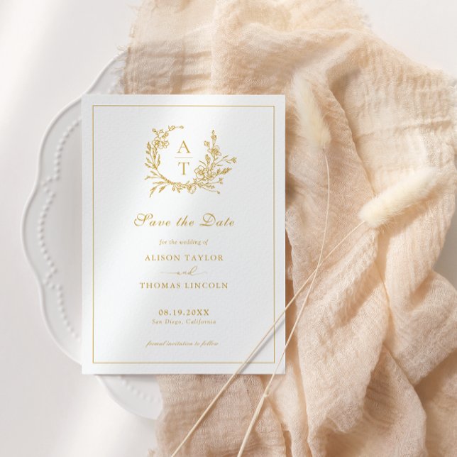 Save The Date Formal Crest Gold Script Card (Creator Uploaded)