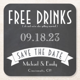 Save the Date Free Drinks Wedding Art Deco Square  Paper Coaster