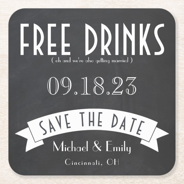 Save the Date Free Drinks Wedding Art Deco Square  Square Paper Coaster (Front)