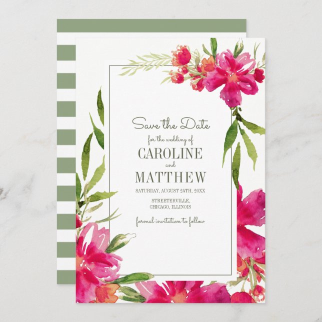 Save the Date . Fuchsia Green Floral Wedding Card (Front/Back)