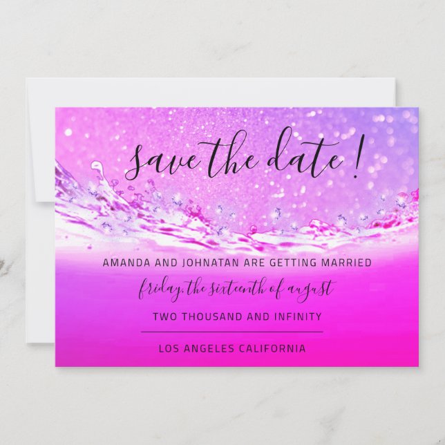 Save The Date Fuchsia Pink Crystals Ocean Waves (Front)