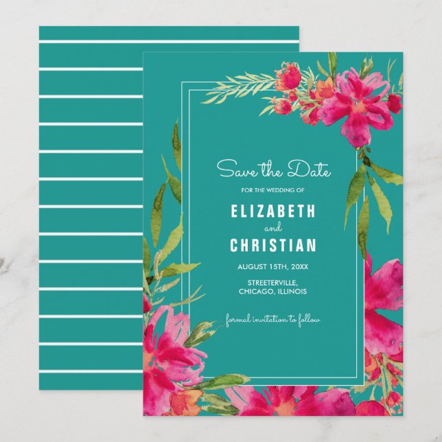Save the Date. Fuchsia Turquoise Floral Watercolor Invitation (Front/Back)