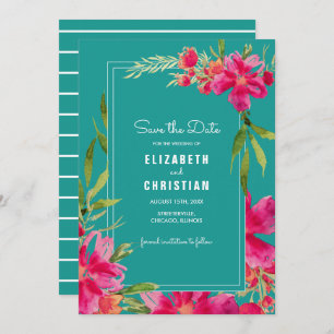 Save the Date. Fuchsia Turquoise Floral Watercolor Invitation